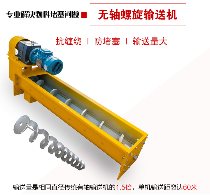 輸送量是相同直徑傳統(tǒng)有軸輸送機(jī)的1.5倍，單機(jī)輸送距離達(dá)60米